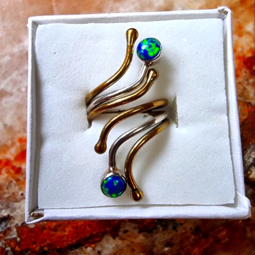 Vintage Two-Tone Fire Blue Opal Sterling Silver Ring